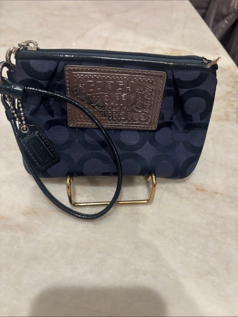 Coach Navy Signature Wristlet with Brown Leather Patch and Gold Hardware